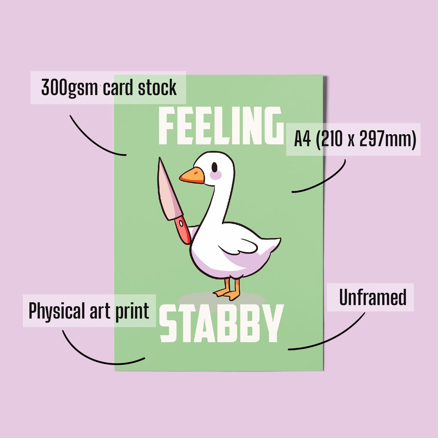 Kawaii Goose Illustration A4 Art Print “feeling stabby” – Stabby Goose Wall Art