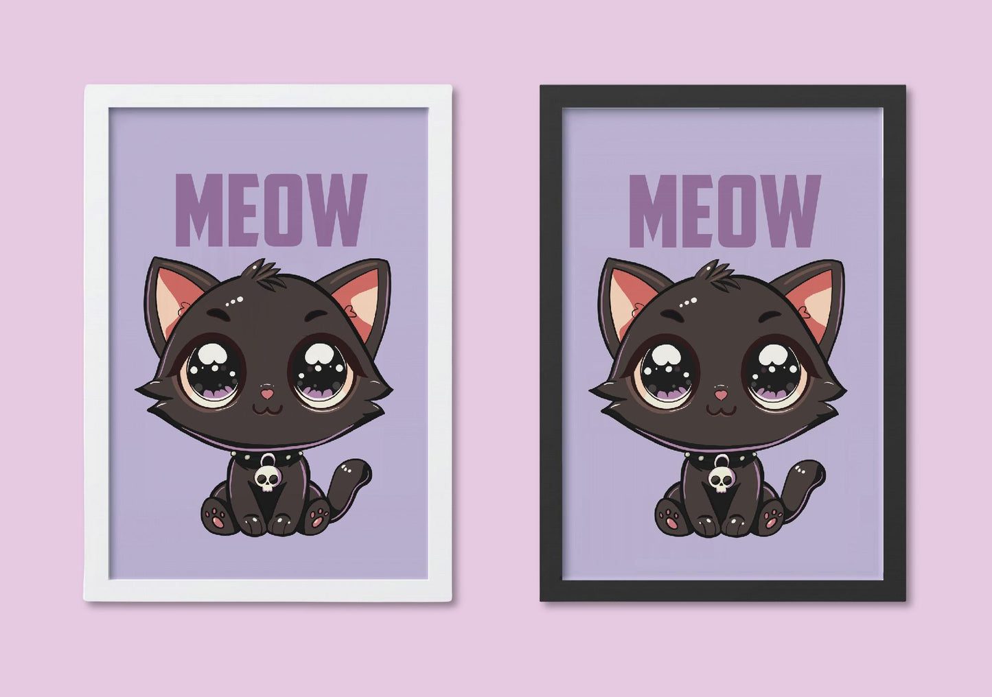 Kawaii Black Cat Illustration A4 Art Print “Meow” – Alt Style Pastel Goth Cat Wall Art