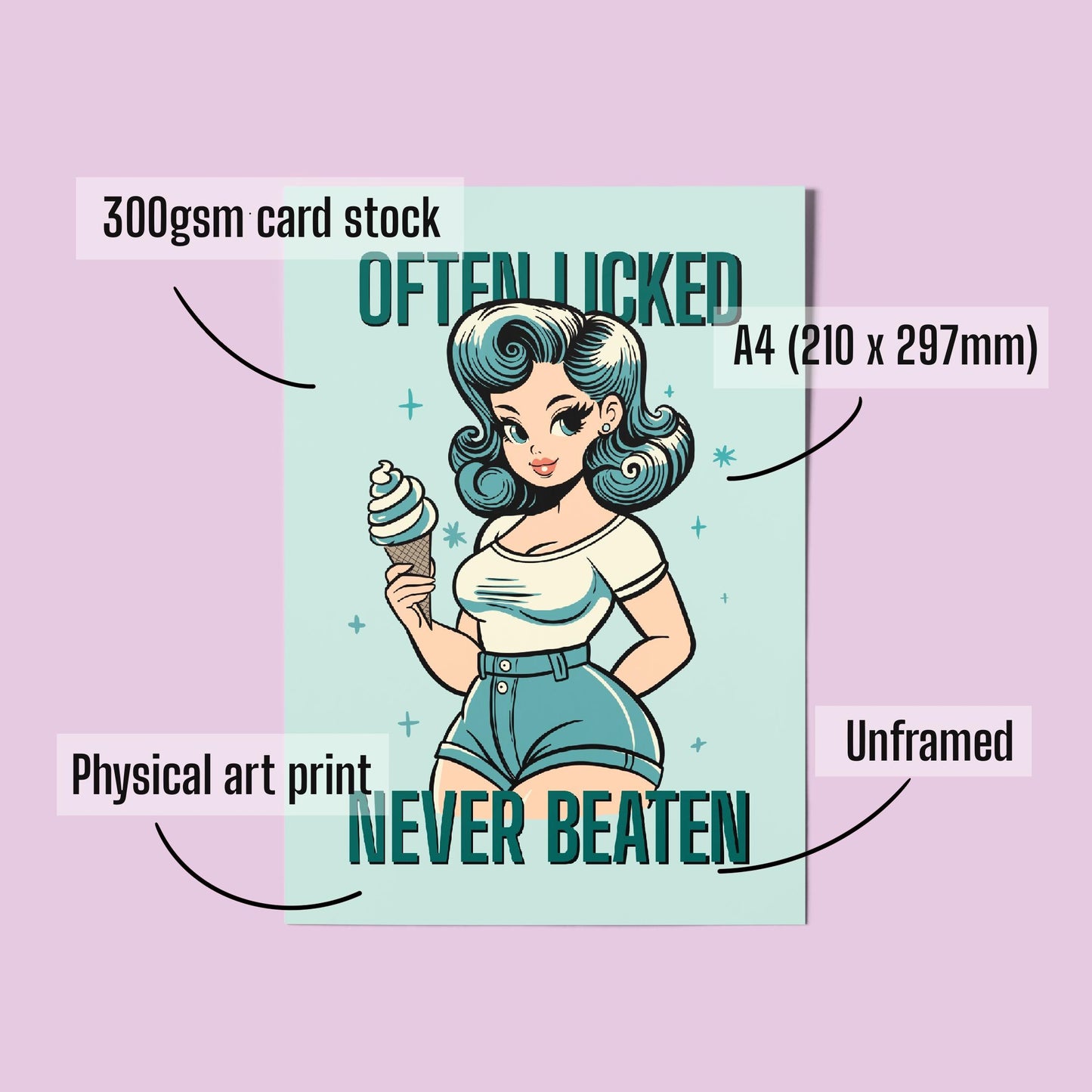 Retro Pinup A4 Art Print “often licked never beaten” – Ice Cream Pinup Wall Art
