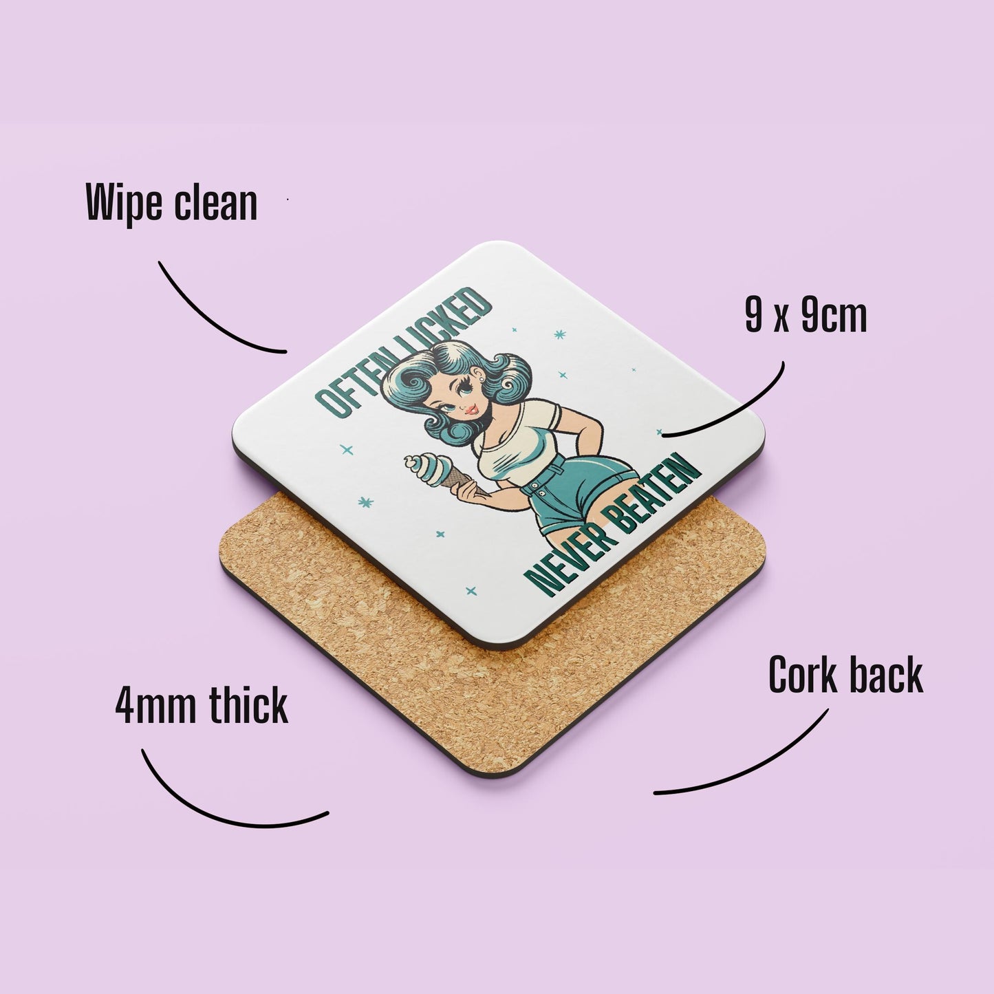Often Licked, Never Beaten Pinup Girl Coaster – Fun, Sassy, and Sweet as Ice Cream