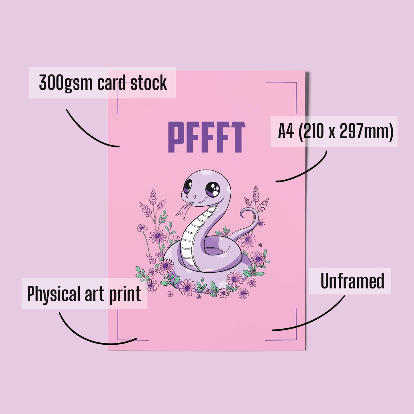 Kawaii Cute Snake Illustration A4 Art Print “Pfft” – Alt Style Pastel Goth Snake Wall Art