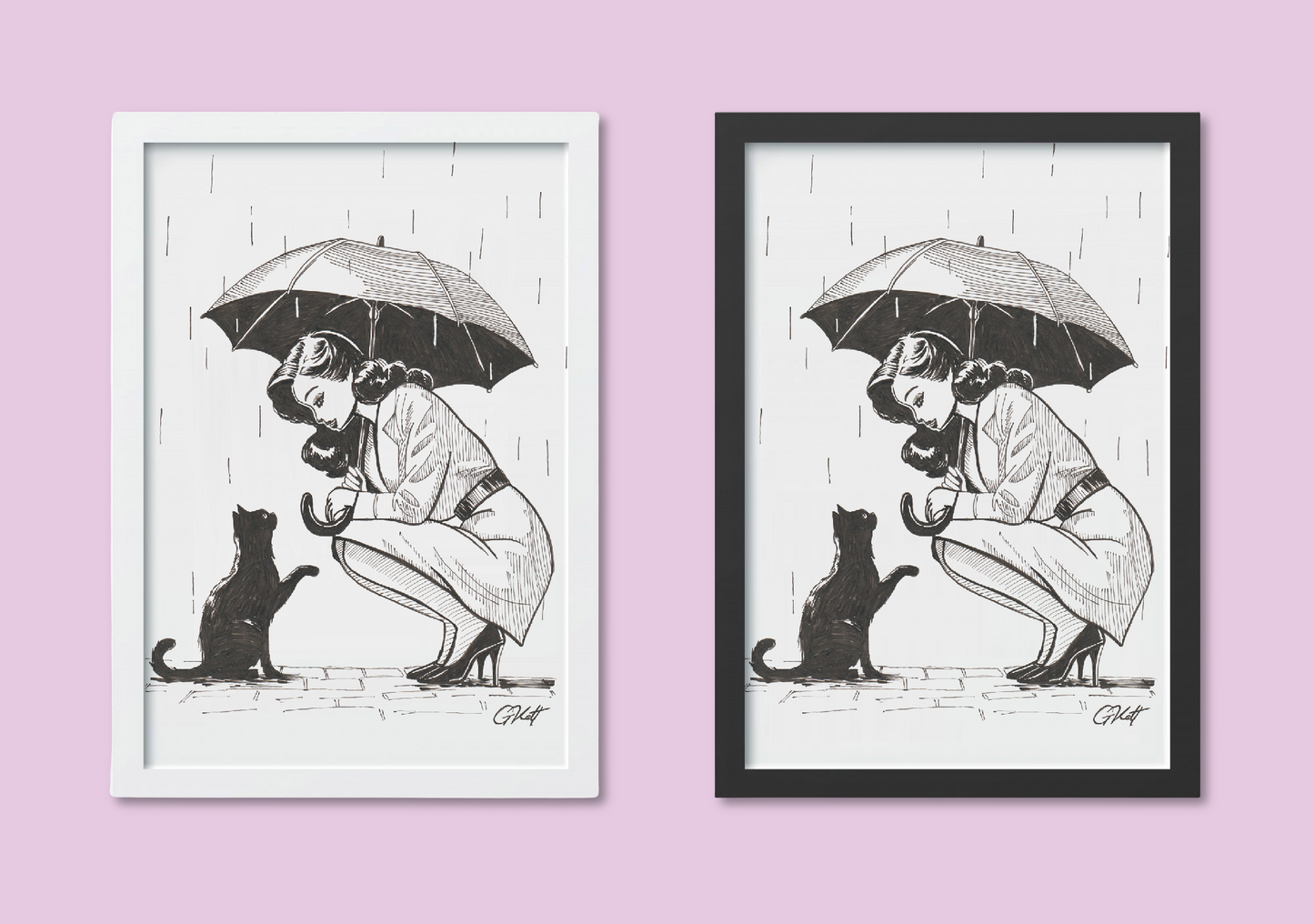 Shelter - A4 Art Print of Woman Sheltering Cat | Hand Drawn Pen and Ink Illustration