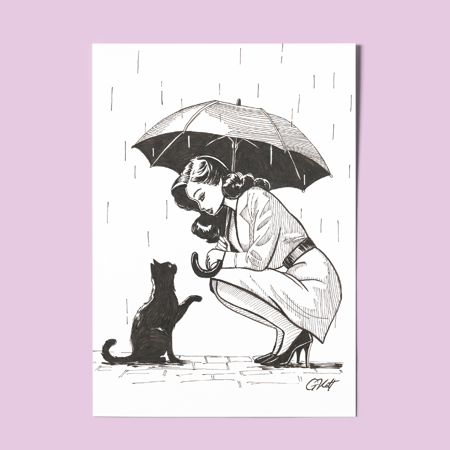 Shelter - A4 Art Print of Woman Sheltering Cat | Hand Drawn Pen and Ink Illustration