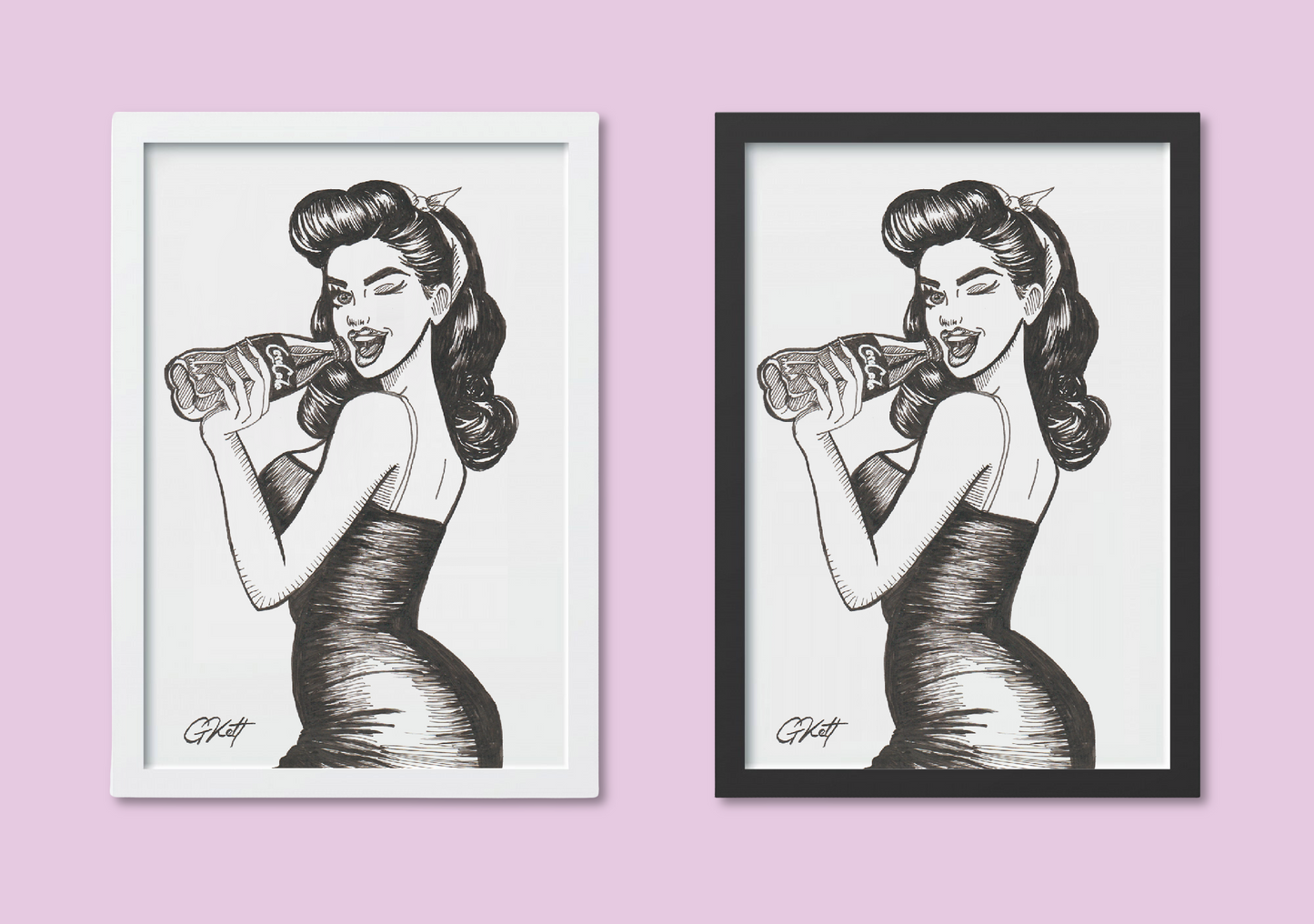Coke & Confidence - Vintage Pinup Girl Art Print Art Print | Retro 1940s Pen and Ink Illustration