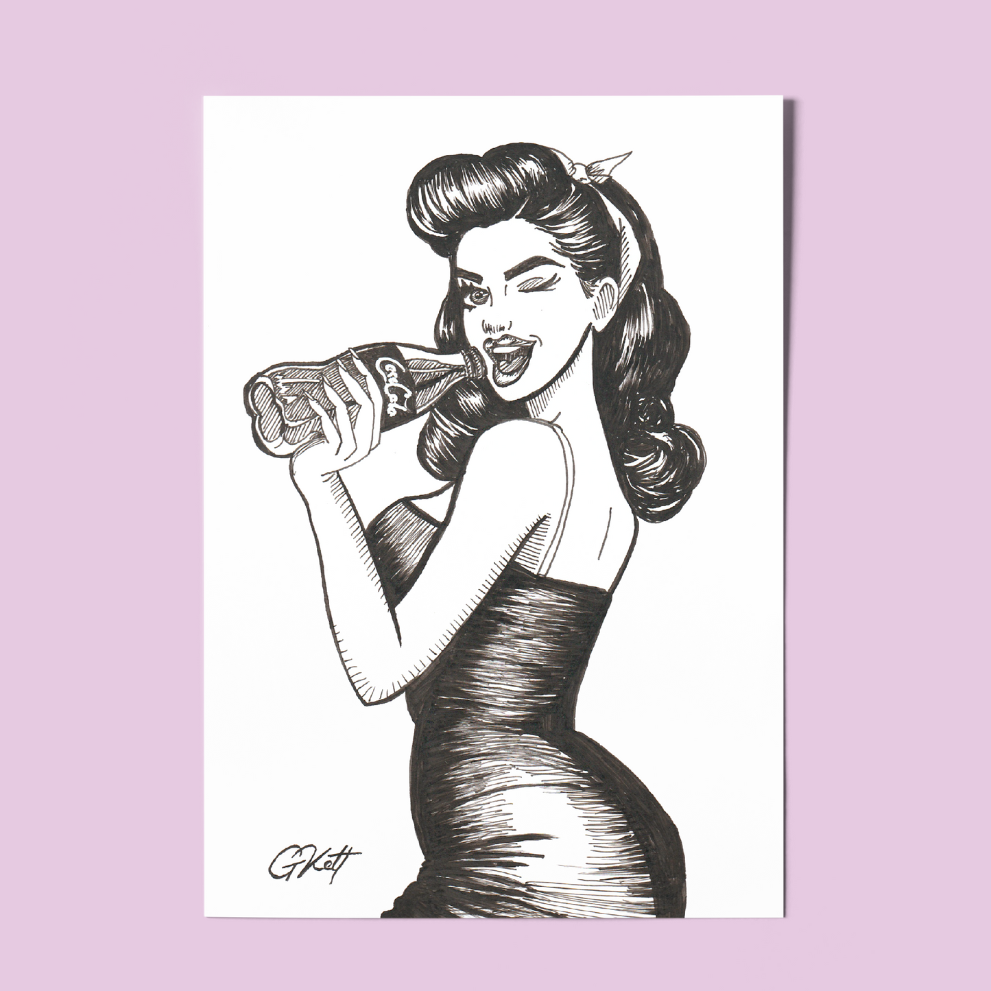 Coke & Confidence - Vintage Pinup Girl Art Print Art Print | Retro 1940s Pen and Ink Illustration