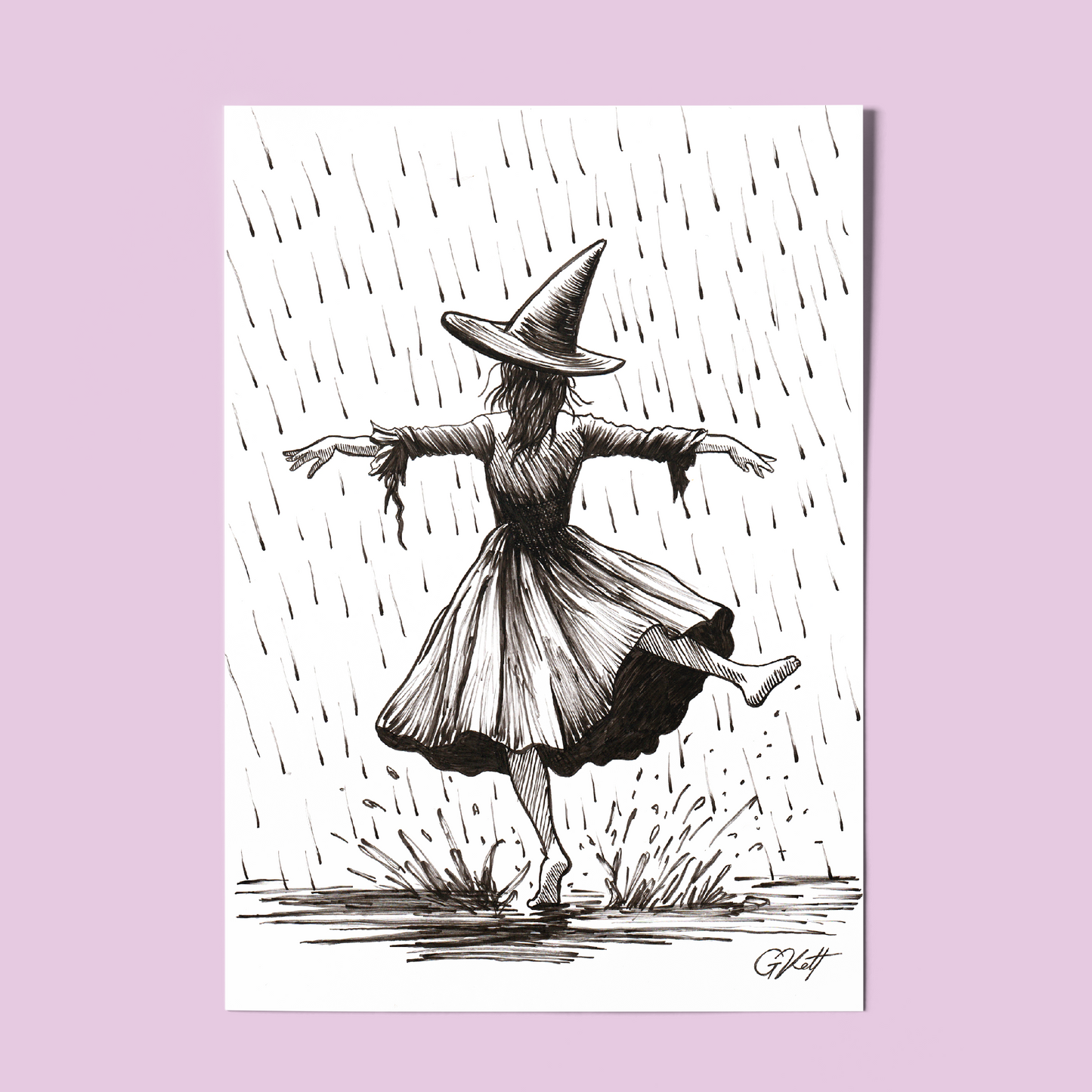 Barefoot in the Rain – A4 Witch Dancing in the Rain Art Print | Hand Drawn Pen and Ink Illustration