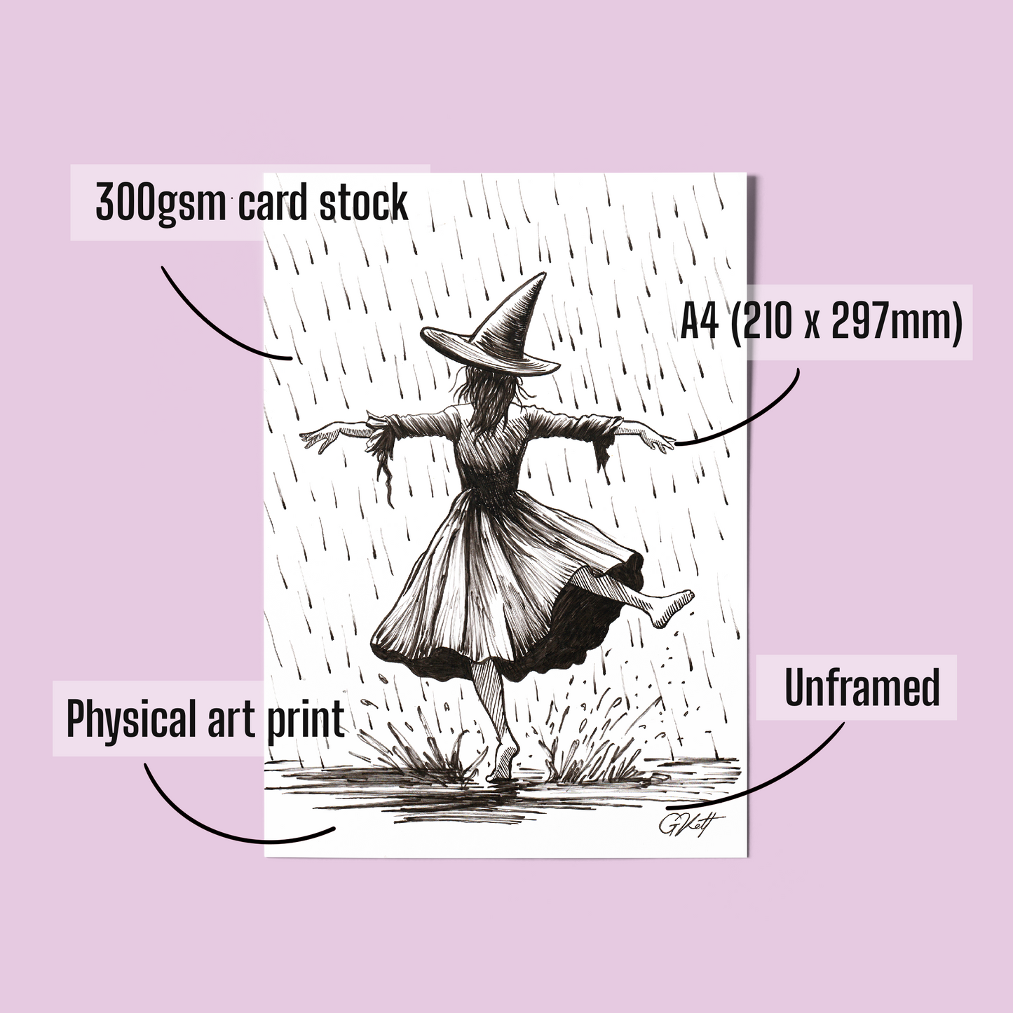 Barefoot in the Rain – A4 Witch Dancing in the Rain Art Print | Hand Drawn Pen and Ink Illustration