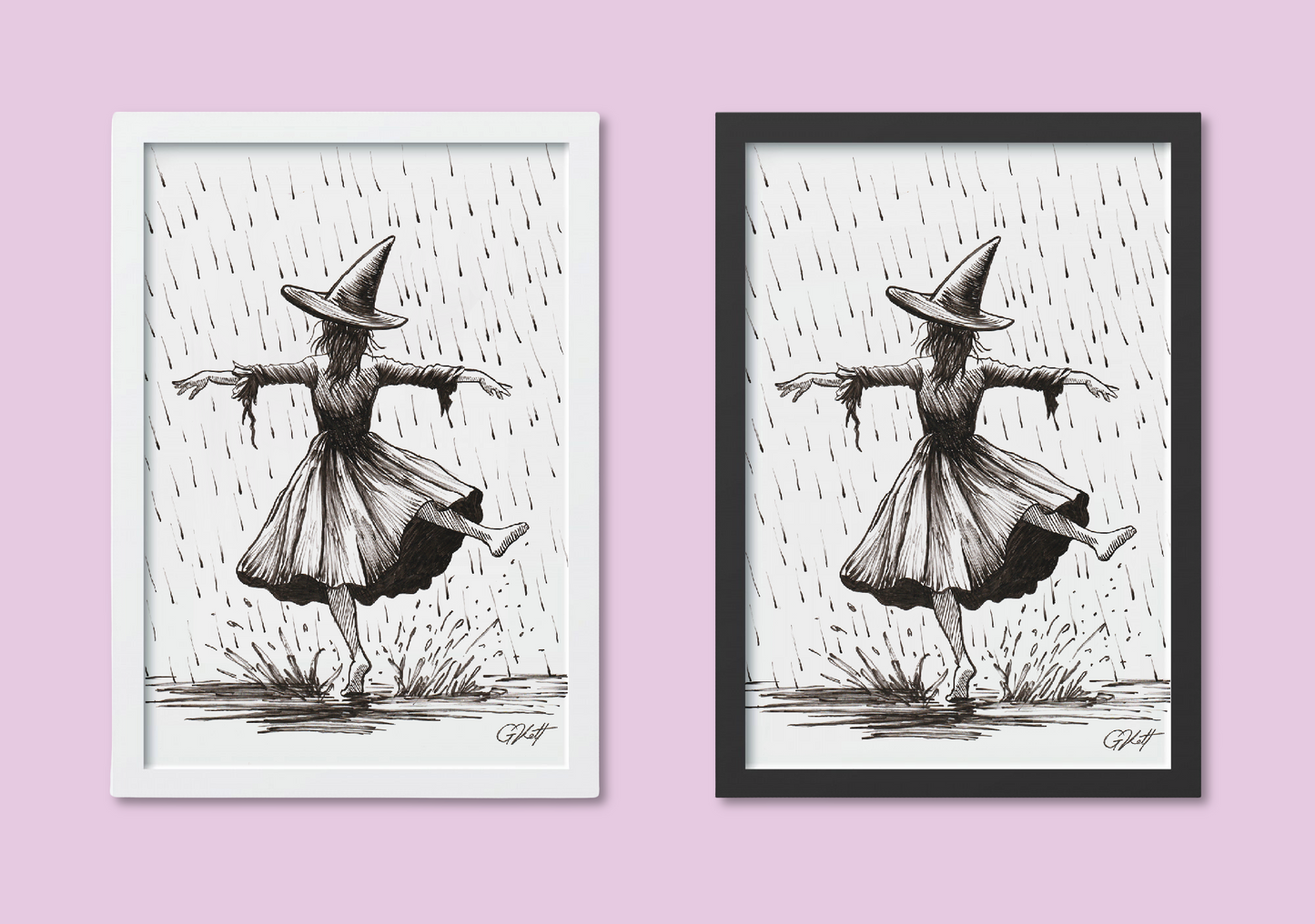 Barefoot in the Rain – A4 Witch Dancing in the Rain Art Print | Hand Drawn Pen and Ink Illustration