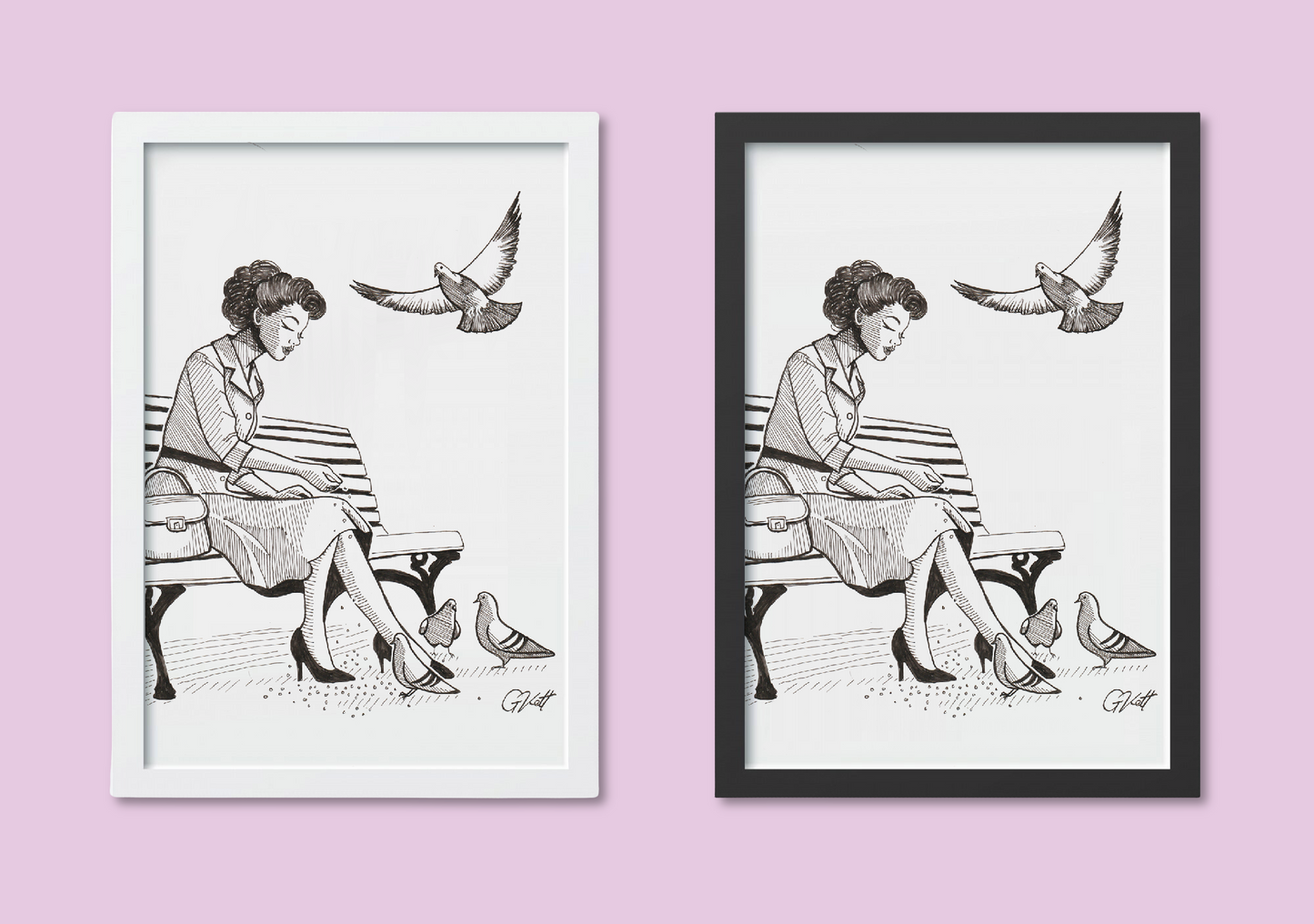 “Feathered Company” – A4 Black and White Vintage-Inspired Art Print of a Woman Feeding Pigeons
