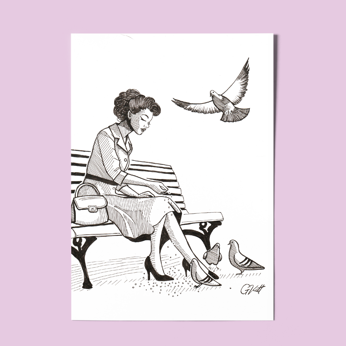 “Feathered Company” – A4 Black and White Vintage-Inspired Art Print of a Woman Feeding Pigeons