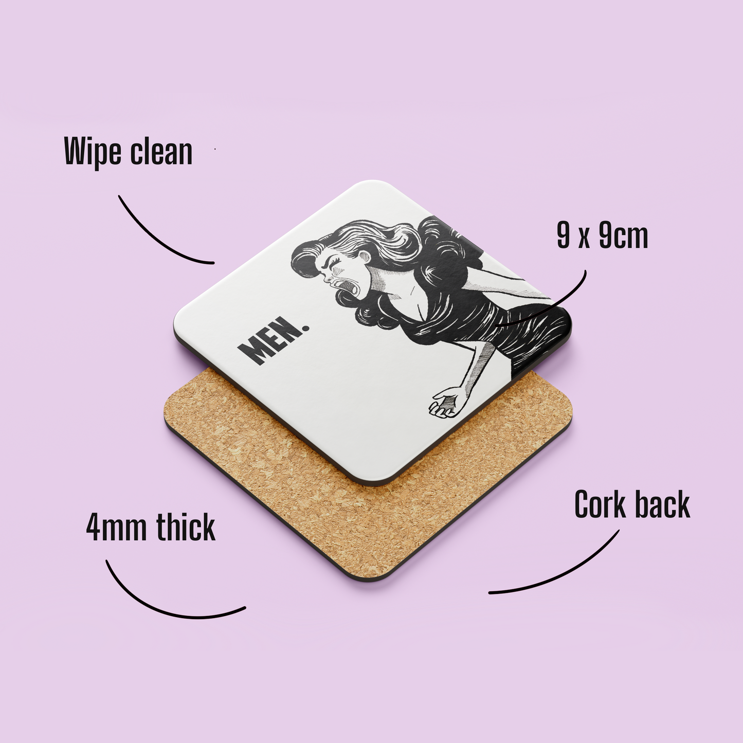 Female Rage "Men" Coaster – Hand Drawn Illustration of Female Rage with Clenched Fists and Scream Expression