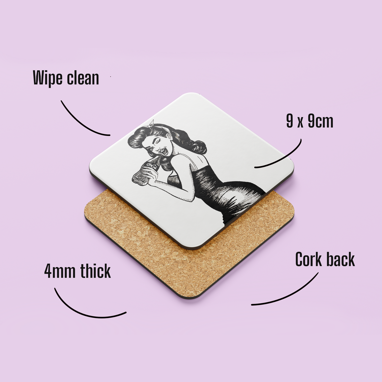 Vintage Pinup Girl Coaster – Hand Drawn Feminist Illustration of Woman Drinking Cola