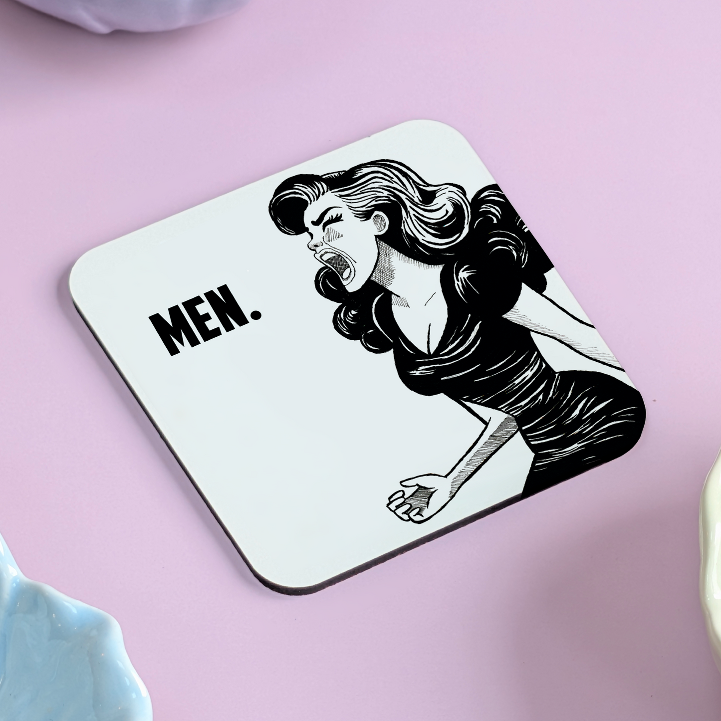 Female Rage "Men" Coaster – Hand Drawn Illustration of Female Rage with Clenched Fists and Scream Expression