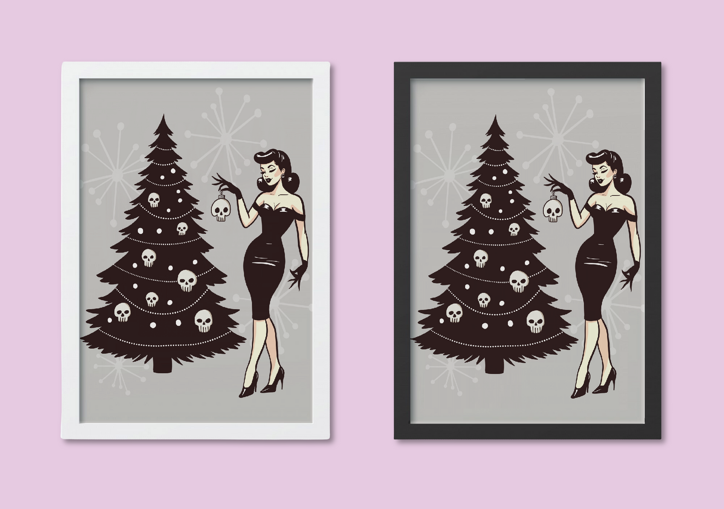 Gothic Pinup Christmas Art Print – A4 Vintage-Inspired Girl with Skull Ornament Tree