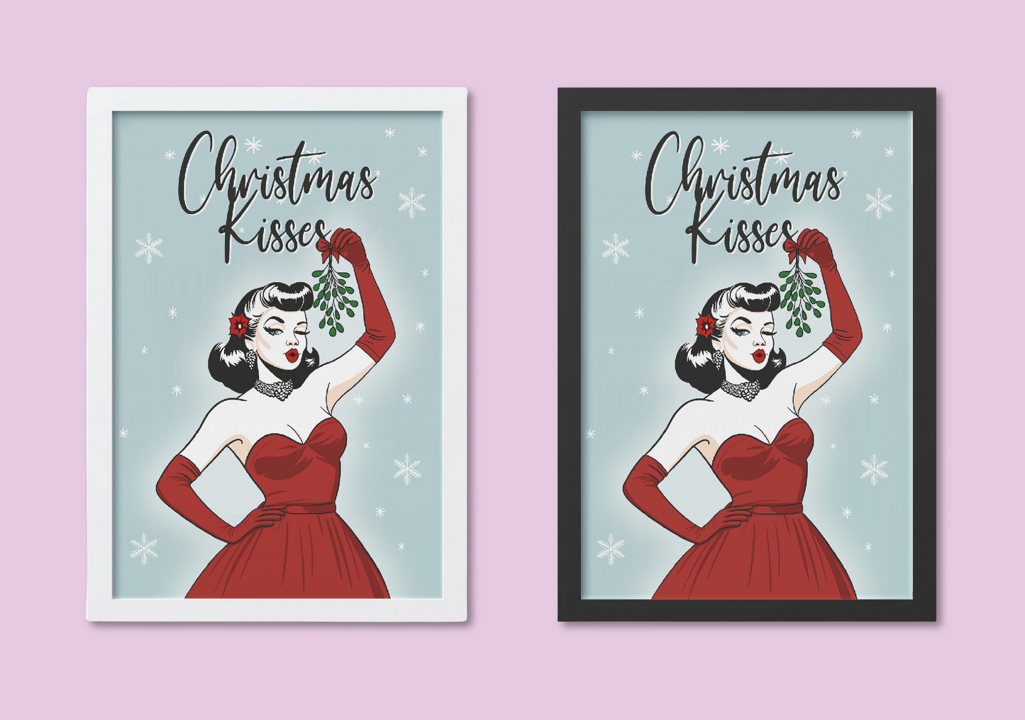 Retro Christmas Pinup Art Print – A4 "Christmas Kisses" Vintage-Inspired Holiday Illustration