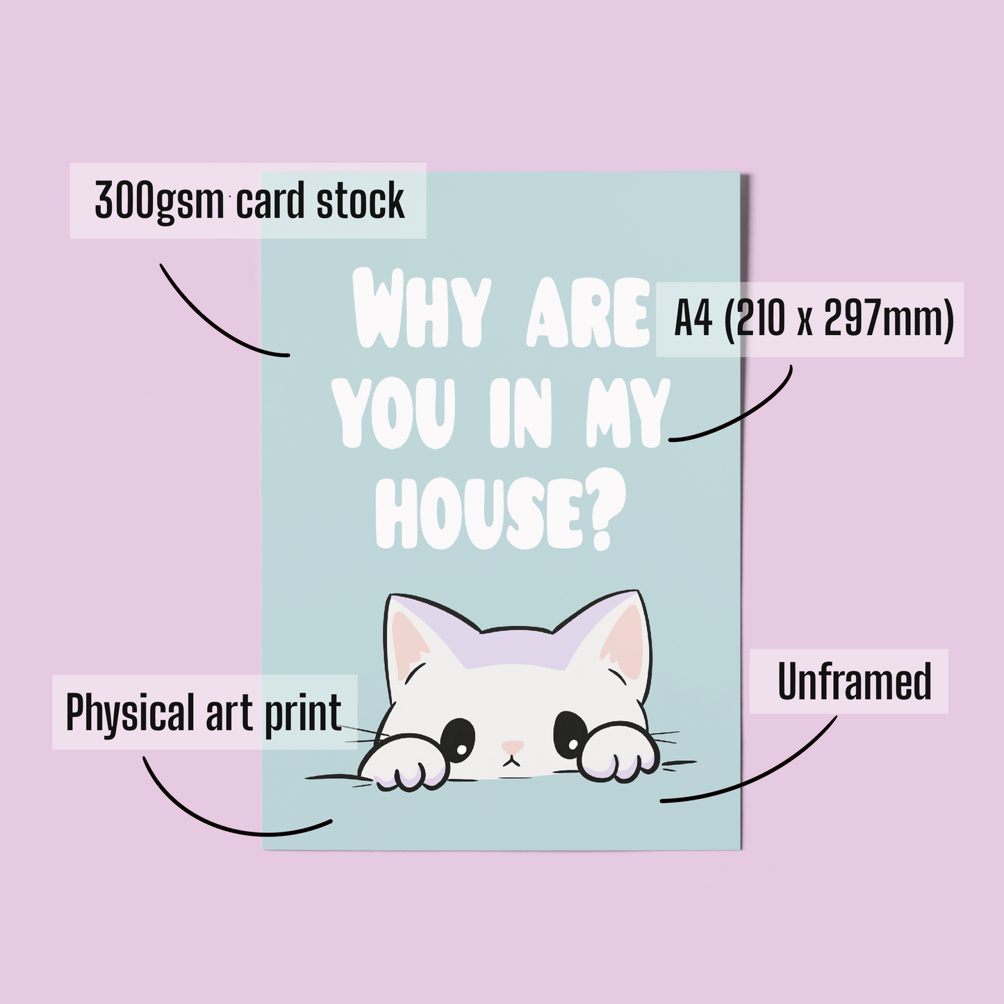 Sarcastic Cat Wall Art – A4 Print "Why Are You In My House?" Funny Gift for Introverts & Cat Lovers