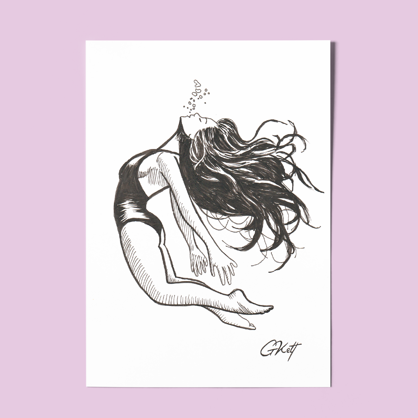 Ethereal Underwater Woman Art Print – A4 Pen and Ink Illustration with Elegant Pose and Bubbles