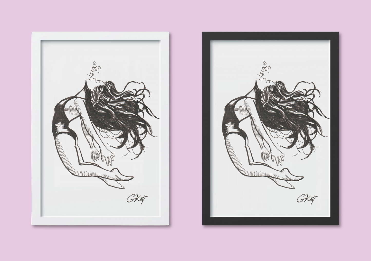 Ethereal Underwater Woman Art Print – A4 Pen and Ink Illustration with Elegant Pose and Bubbles
