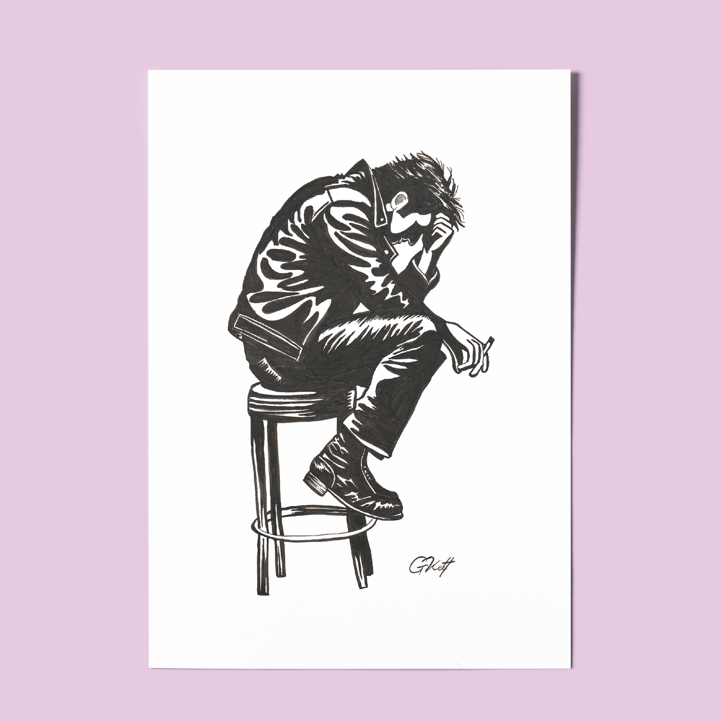 Dishevelled Man on Bar Stool Art Print – A4 Hand Drawn Vintage-Inspired Pen and Ink Illustration