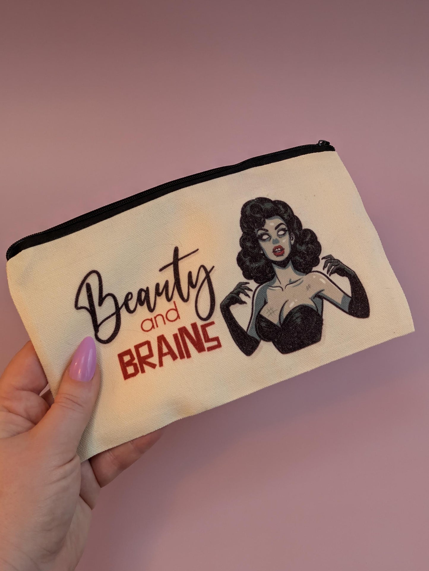 Beauty and Brains Zombie Pinup Girl Zip Pouch – Stylish, Spooky Pencil case or makeup bag