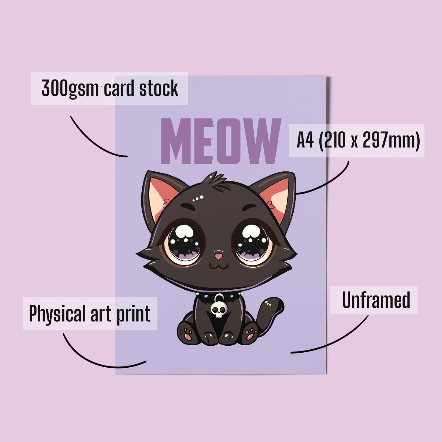 Kawaii Black Cat Illustration A4 Art Print “Meow” – Alt Style Pastel Goth Cat Wall Art