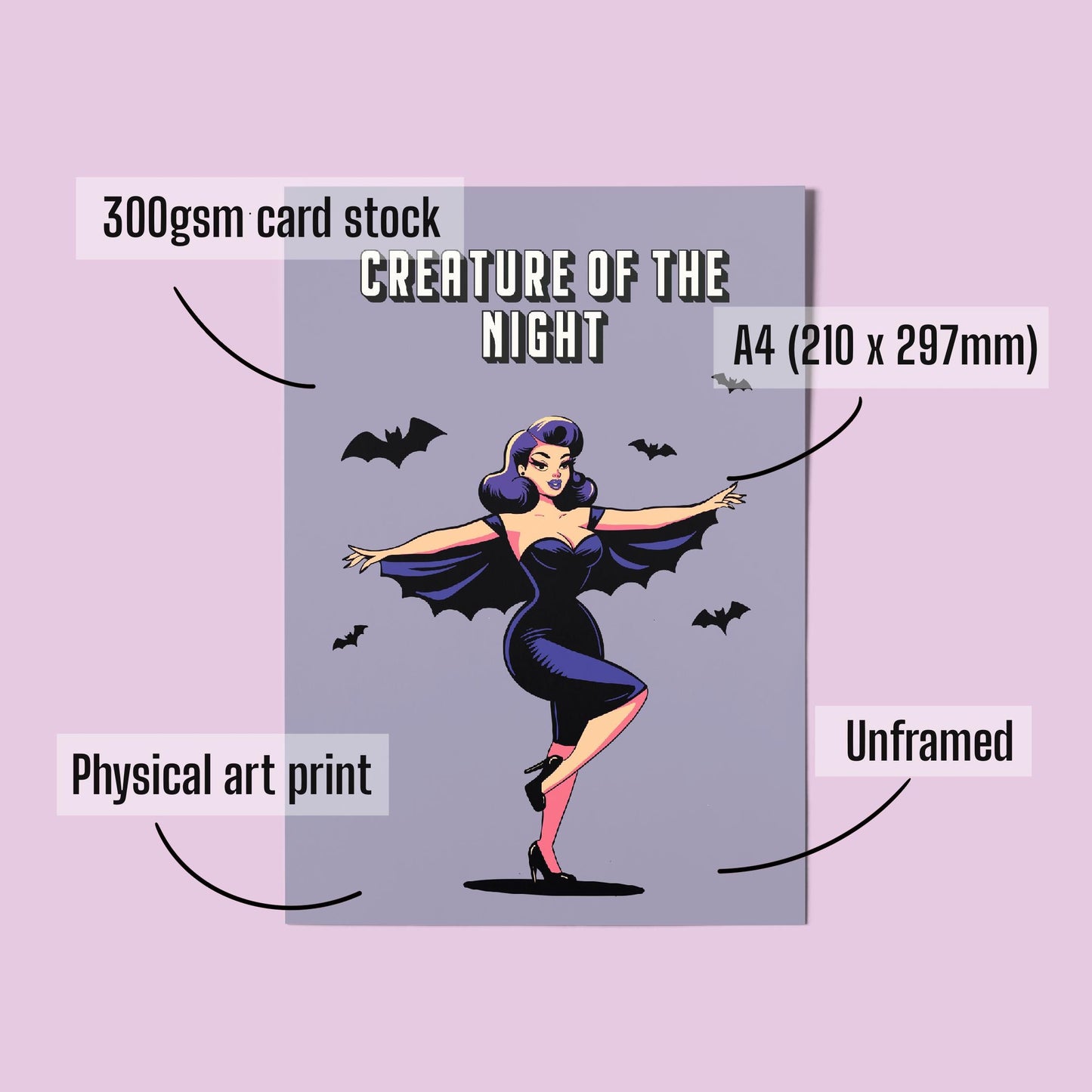 Gothic Pinup A4 Art Print “Creature of the night” – Alt Vintage Pinup Wall Art