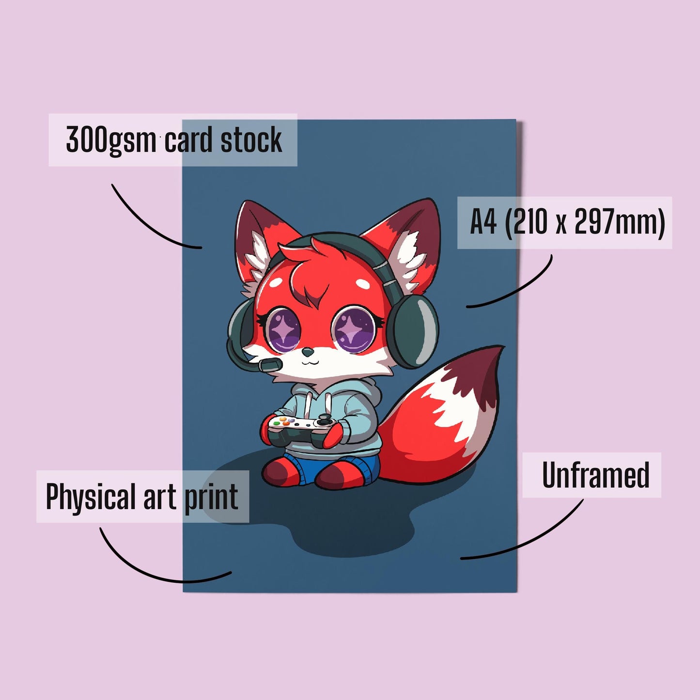 Kawaii Fox Gamer A4 Art Print - Gaming Wall Art – Cute Fox Wall Art
