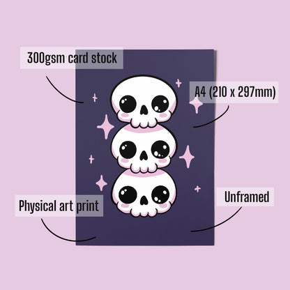 Kawaii Skull A4 Art Print - Pastel Goth – Spooky Cute Wall Art