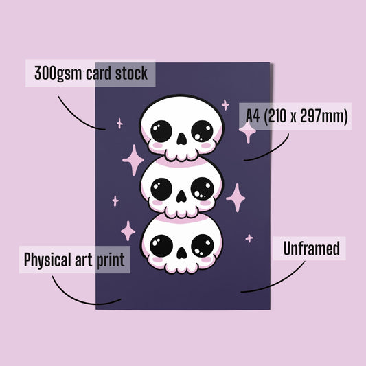 Kawaii Skull A4 Art Print - Pastel Goth – Spooky Cute Wall Art