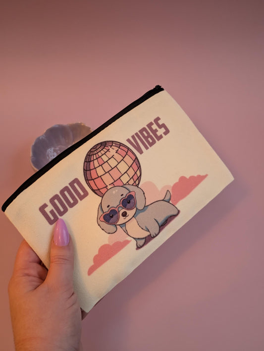 Good Vibes Cute Sausage Dog Under a Disco Ball Zip Pouch – Fun, Functional, and Full of Joy! Pencil case or Makeup bag