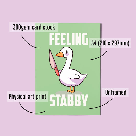 Kawaii Goose Illustration A4 Art Print “feeling stabby” – Stabby Goose Wall Art