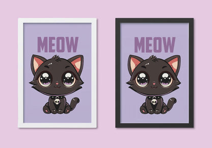 Kawaii Black Cat Illustration A4 Art Print “Meow” – Alt Style Pastel Goth Cat Wall Art