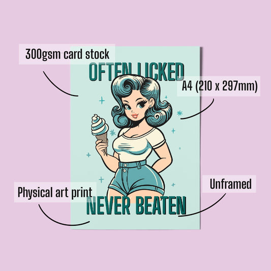 Retro Pinup A4 Art Print “often licked never beaten” – Ice Cream Pinup Wall Art