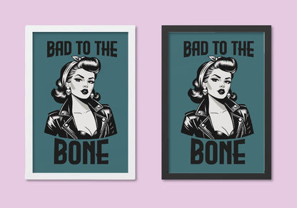 Rockabilly Pinup A4 Teal Art Print “Bad to the bone” – Vintage Style Feminist Attitude Wall Art