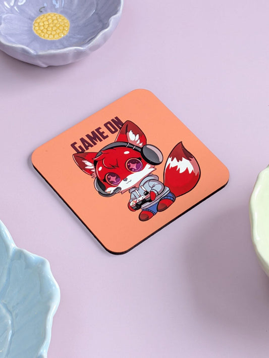 Kawaii Fox Gamer Coaster – Cute Gaming Coaster with Headset & Controller, 'Game On' Design