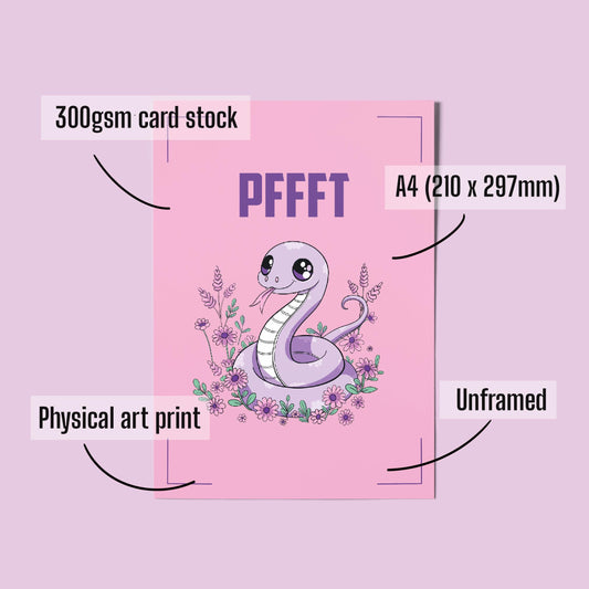 Kawaii Cute Snake Illustration A4 Art Print “Pfft” – Alt Style Pastel Goth Snake Wall Art