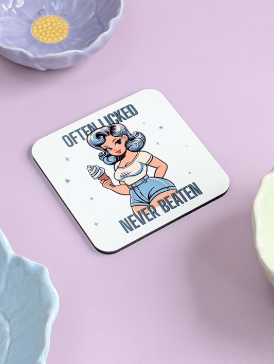 Often Licked, Never Beaten Pinup Girl Coaster – Fun, Sassy, and Sweet as Ice Cream