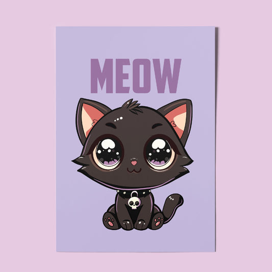 Kawaii Black Cat Illustration A4 Art Print “Meow” – Alt Style Pastel Goth Cat Wall Art