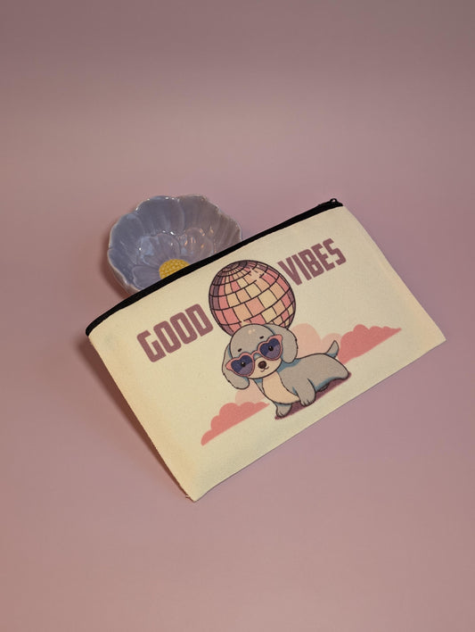 Good Vibes Cute Sausage Dog Under a Disco Ball Zip Pouch – Fun, Functional, and Full of Joy! Pencil case or Makeup bag