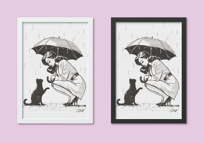 Shelter - A4 Art Print of Woman Sheltering Cat | Hand Drawn Pen and Ink Illustration