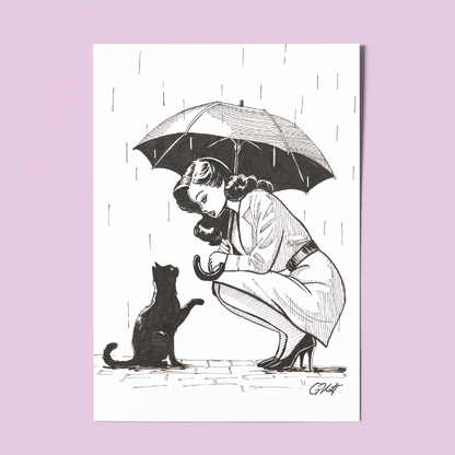 Shelter - A4 Art Print of Woman Sheltering Cat | Hand Drawn Pen and Ink Illustration