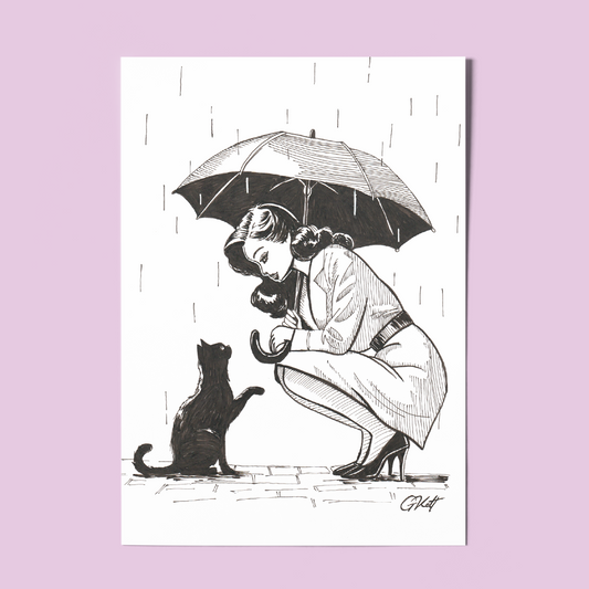 Shelter - A4 Art Print of Woman Sheltering Cat | Hand Drawn Pen and Ink Illustration