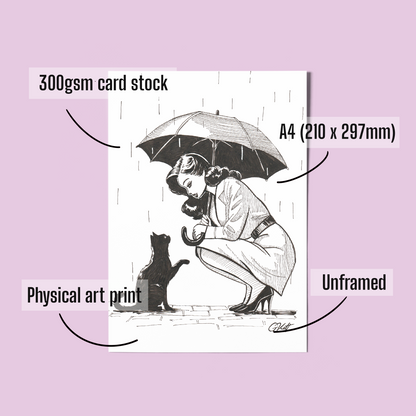 Shelter - A4 Art Print of Woman Sheltering Cat | Hand Drawn Pen and Ink Illustration