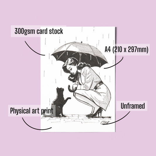 Shelter - A4 Art Print of Woman Sheltering Cat | Hand Drawn Pen and Ink Illustration