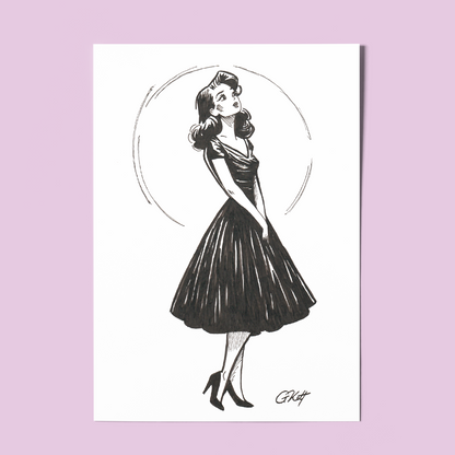 The Quiet Part of Love – A4 Vintage-Inspired Pen and Ink Art Print | Longing Woman Gazing at the Moon