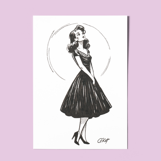 The Quiet Part of Love – A4 Vintage-Inspired Pen and Ink Art Print | Longing Woman Gazing at the Moon
