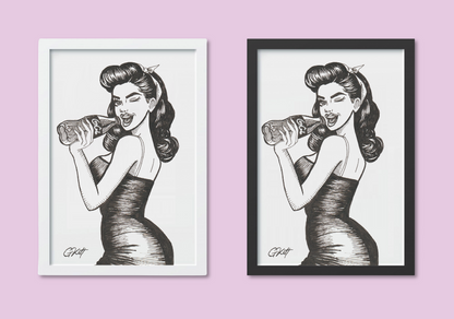 Coke & Confidence - Vintage Pinup Girl Art Print Art Print | Retro 1940s Pen and Ink Illustration