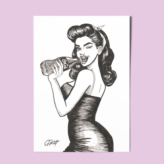 Coke & Confidence - Vintage Pinup Girl Art Print Art Print | Retro 1940s Pen and Ink Illustration