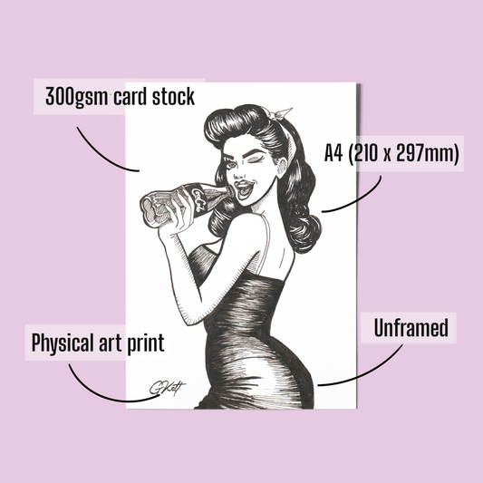 Coke & Confidence - Vintage Pinup Girl Art Print Art Print | Retro 1940s Pen and Ink Illustration