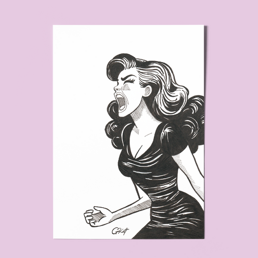 "Female Rage" – A4 Hand Drawn Pen and Ink Art Print | Bold Illustration of Feminine Fury and Power